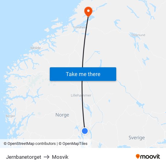 Jernbanetorget to Mosvik map