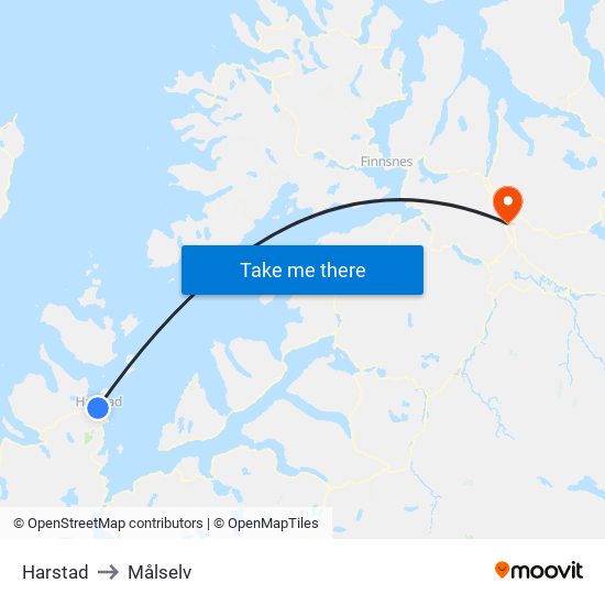 Harstad to Målselv map