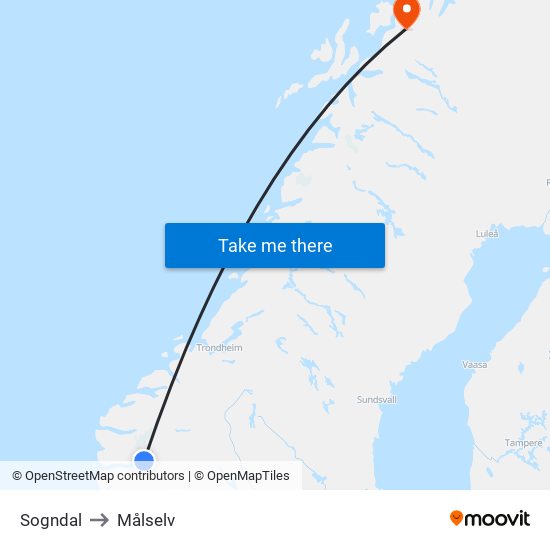 Sogndal to Målselv map