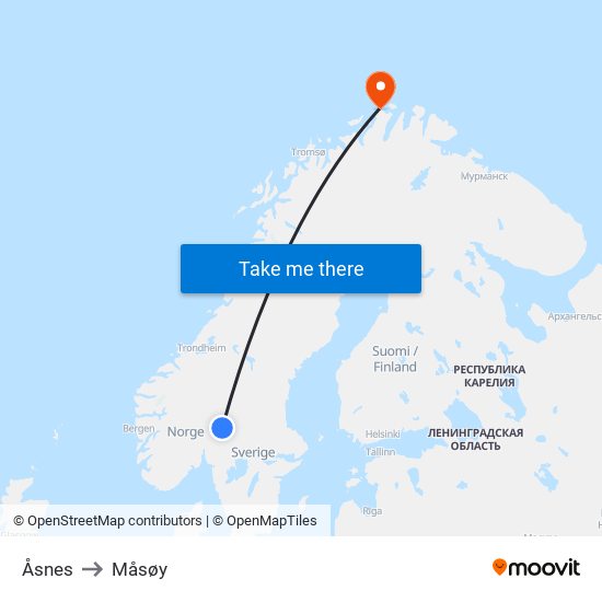 Åsnes to Måsøy map