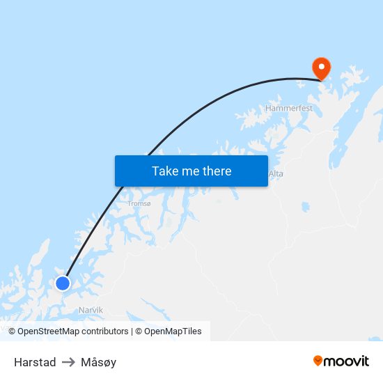 Harstad to Måsøy map