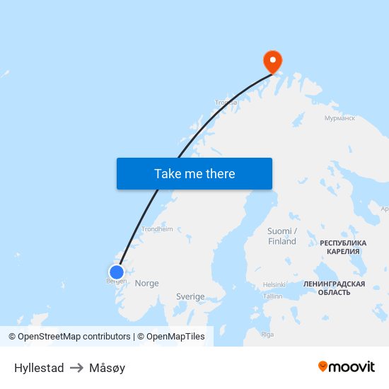 Hyllestad to Måsøy map