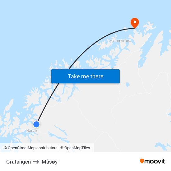 Gratangen to Måsøy map