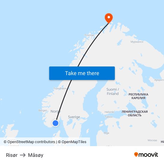Risør to Måsøy map