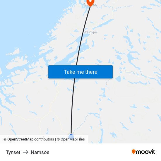 Tynset to Namsos map