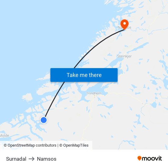 Surnadal to Namsos map