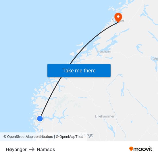 Høyanger to Namsos map