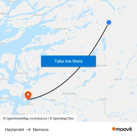 Høylandet to Namsos map