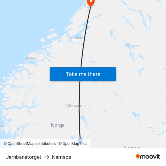 Jernbanetorget to Namsos map