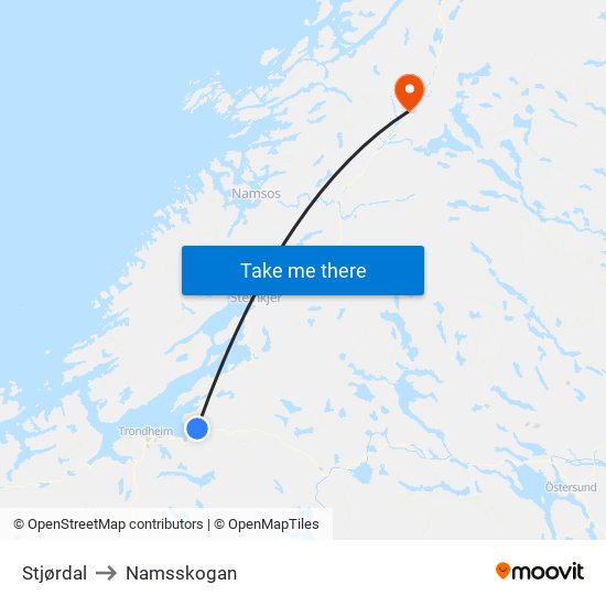 Stjørdal to Namsskogan map