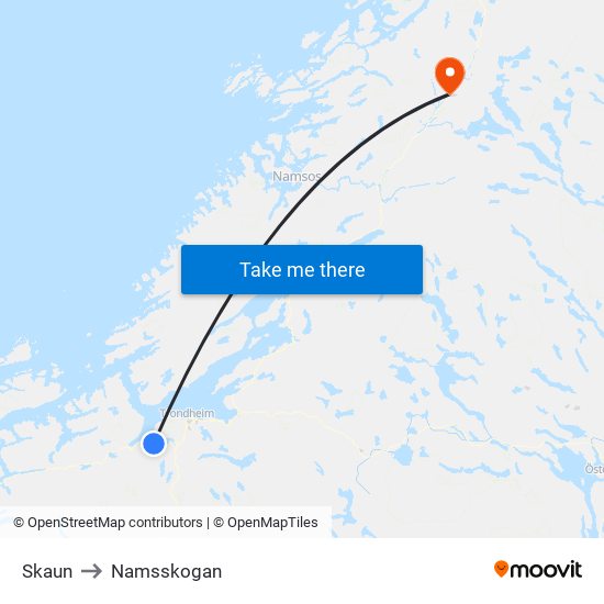 Skaun to Namsskogan map