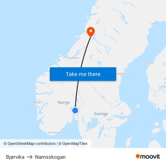 Bjørvika to Namsskogan map