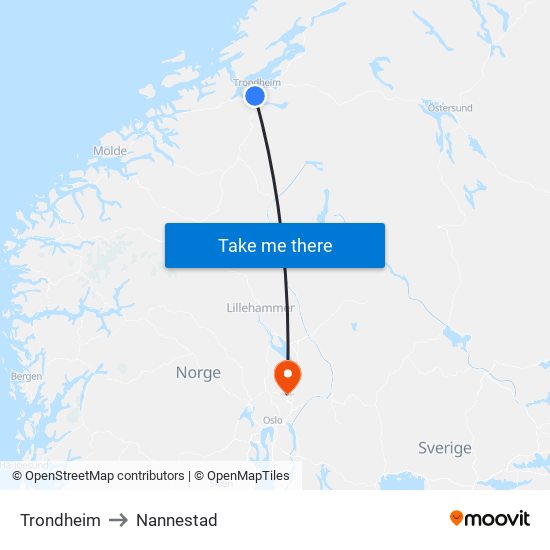 Trondheim to Nannestad map