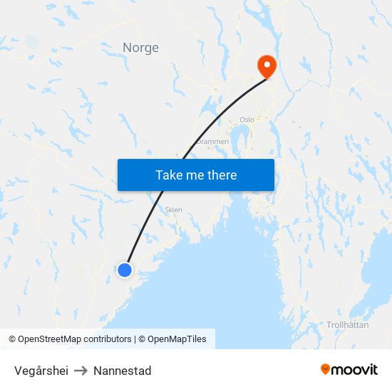 Vegårshei to Nannestad map