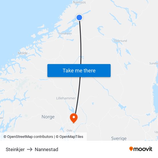 Steinkjer to Nannestad map