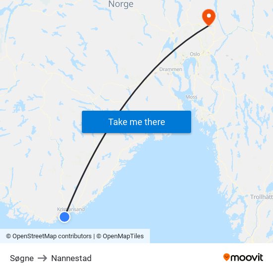 Søgne to Nannestad map