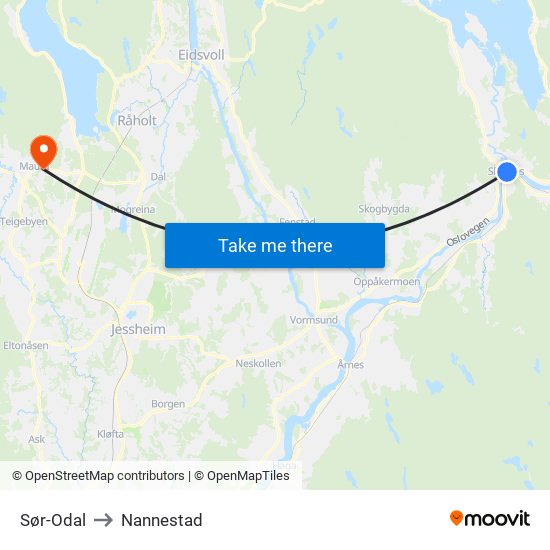 Sør-Odal to Nannestad map