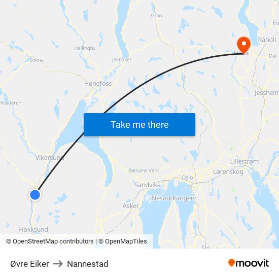 Øvre Eiker to Nannestad map