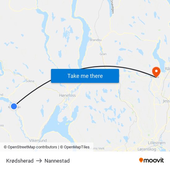 Krødsherad to Nannestad map