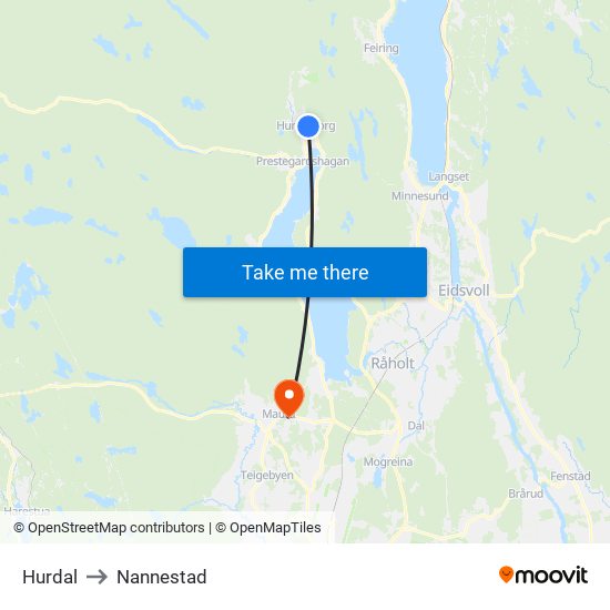 Hurdal to Nannestad map