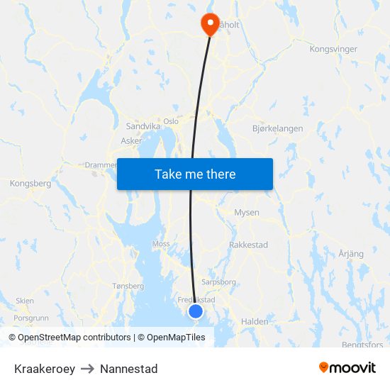 Kraakeroey to Nannestad map