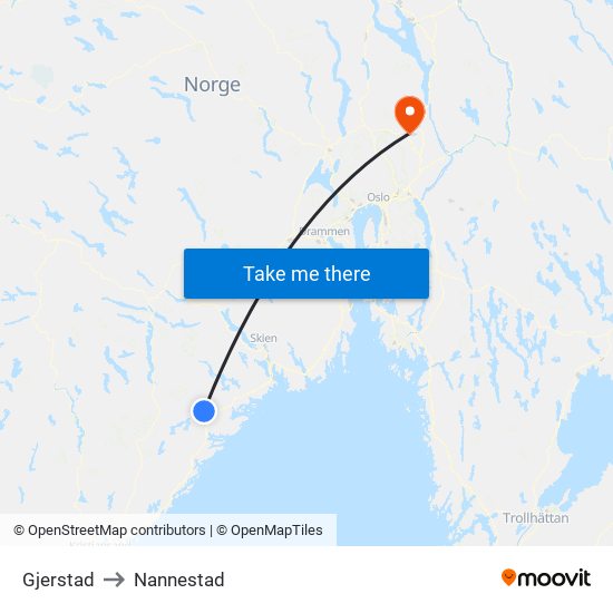 Gjerstad to Nannestad map