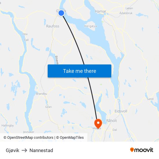 Gjøvik to Nannestad map