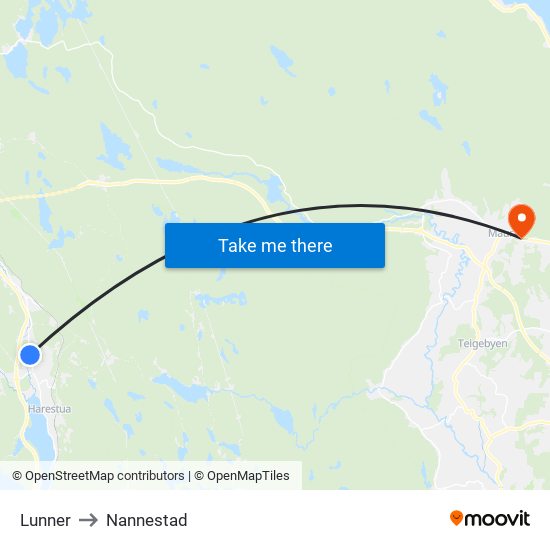 Lunner to Nannestad map