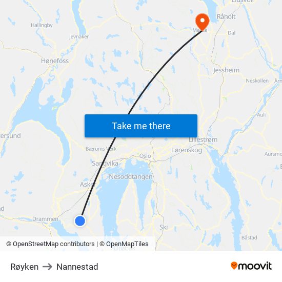 Røyken to Nannestad map