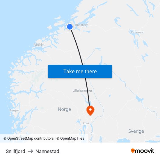 Snillfjord to Nannestad map