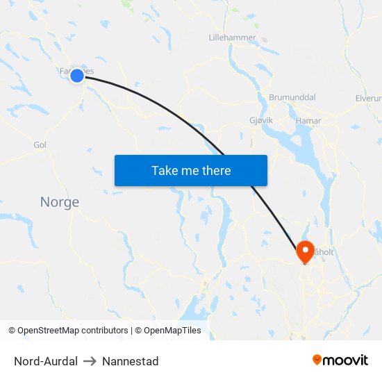 Nord-Aurdal to Nannestad map