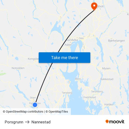 Porsgrunn to Nannestad map