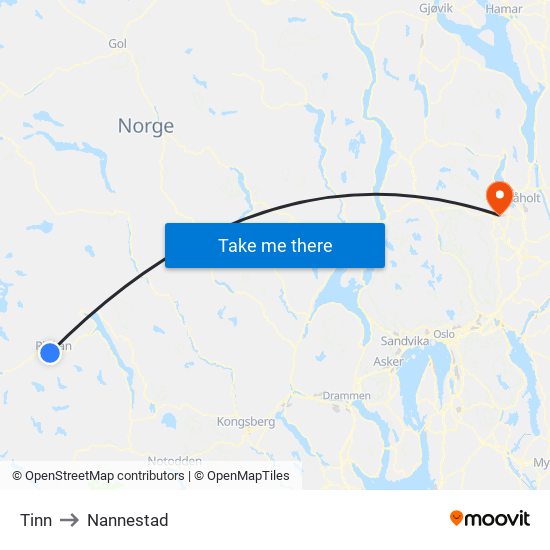 Tinn to Nannestad map