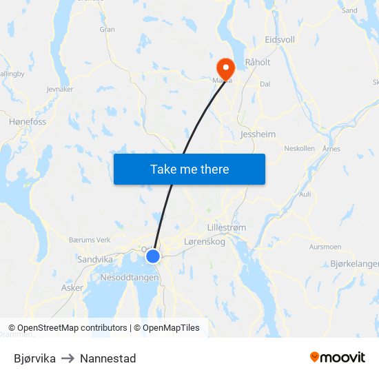 Bjørvika to Nannestad map