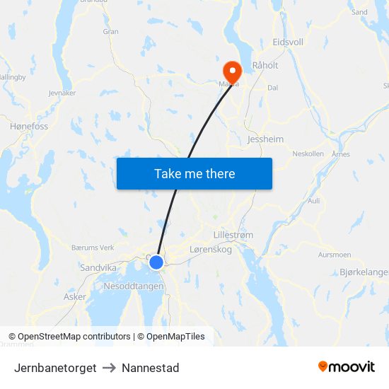 Jernbanetorget to Nannestad map