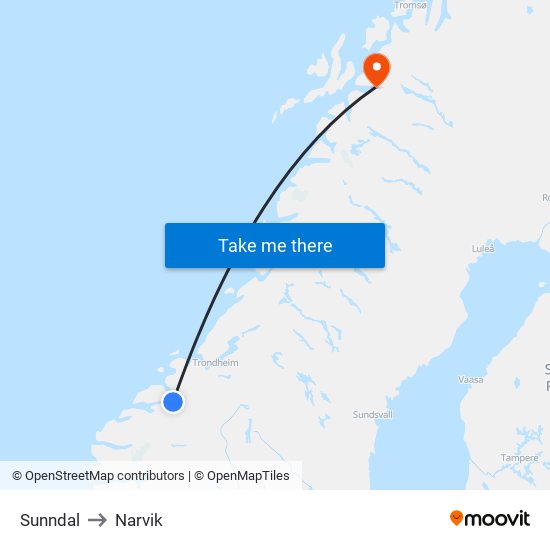 Sunndal to Narvik map