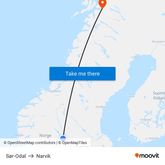 Sør-Odal to Narvik map