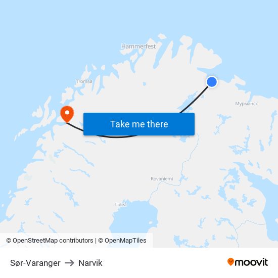 Sør-Varanger to Narvik map