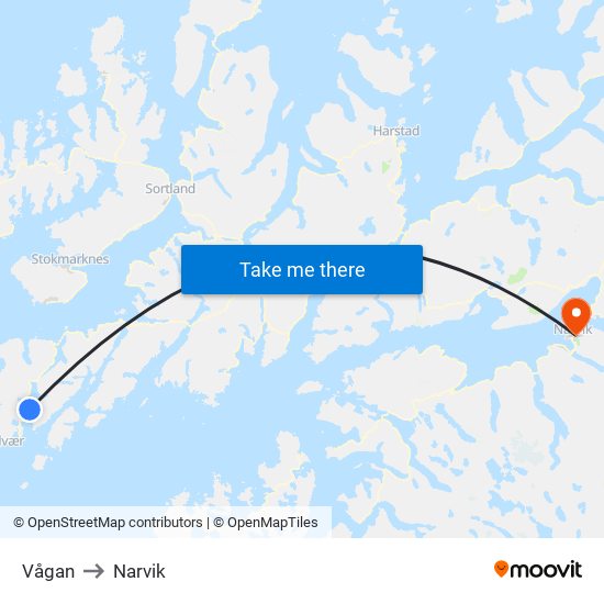 Vågan to Narvik map