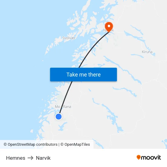 Hemnes to Narvik map