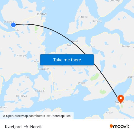 Kvæfjord to Narvik map