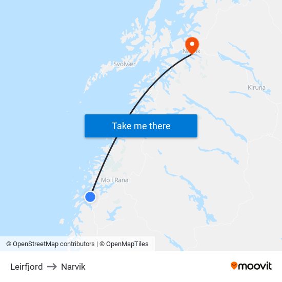 Leirfjord to Narvik map