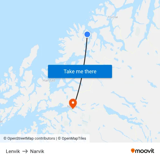 Lenvik to Narvik map