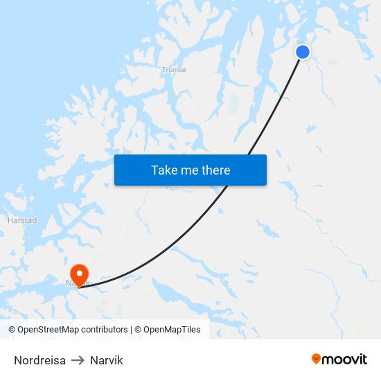 Nordreisa to Narvik map