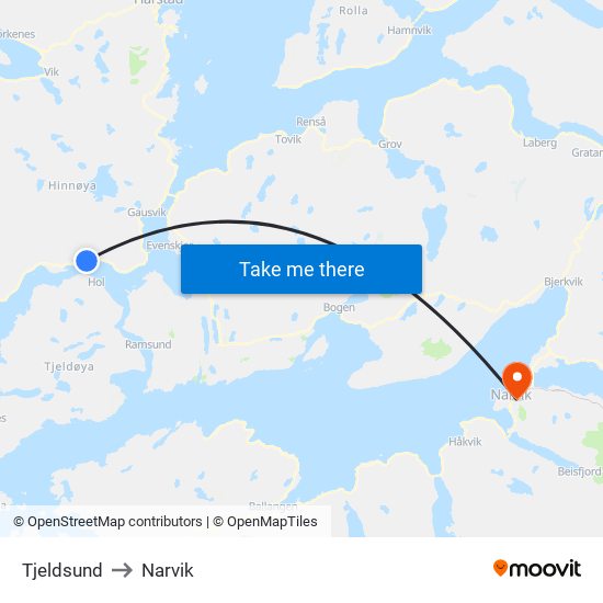 Tjeldsund to Narvik map
