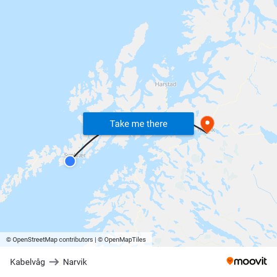 Kabelvåg to Narvik map