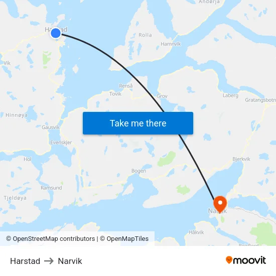 Harstad to Narvik map