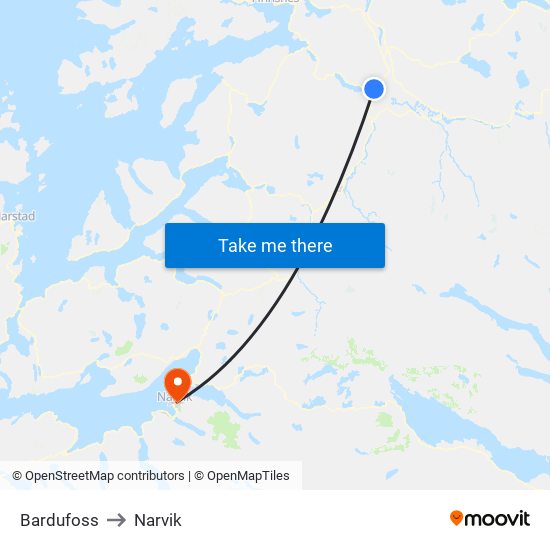 Bardufoss to Narvik map