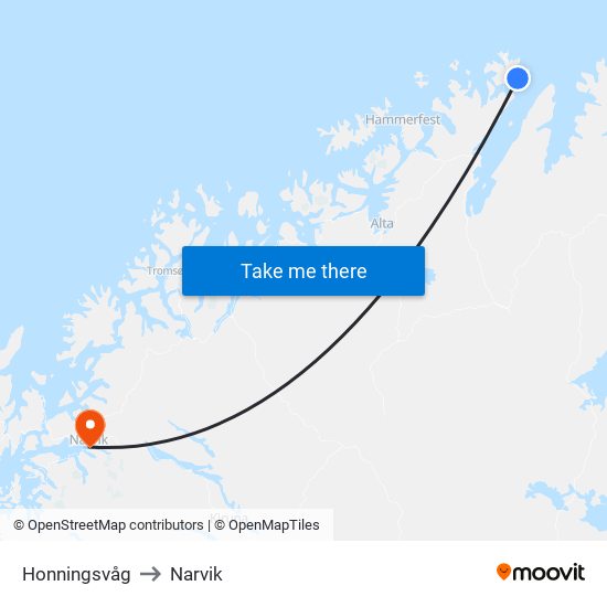 Honningsvåg to Narvik map