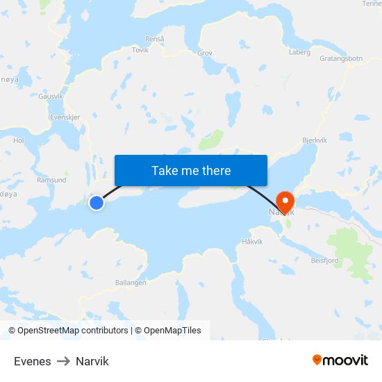 Evenes to Narvik map